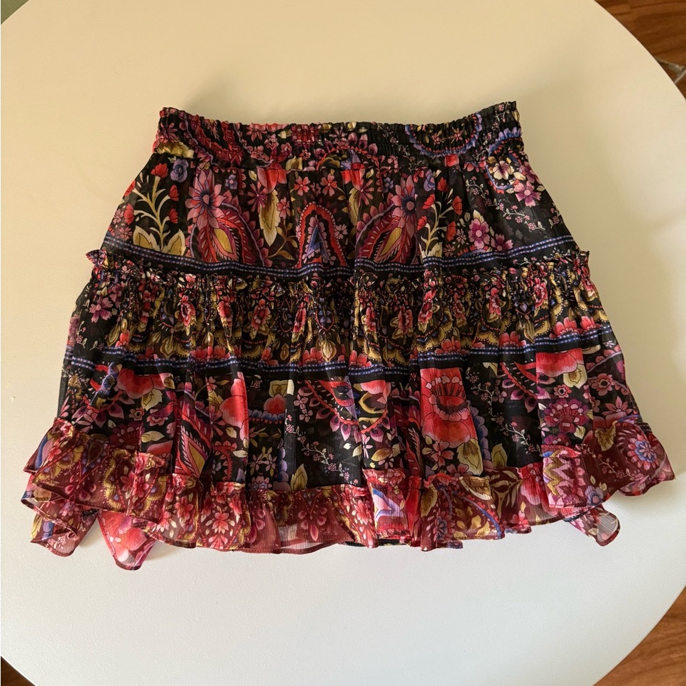 Misa Floral Tiered Smocked Waist Mini Skirt - Black/Pink